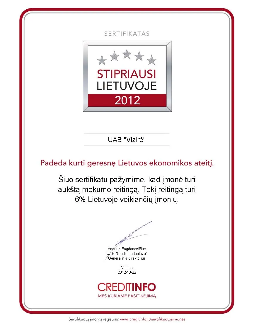 Creditinfo Lietuva sertifikatas „Stipriausi Lietuvoje 2012“, išduotas UAB „Vizirė“